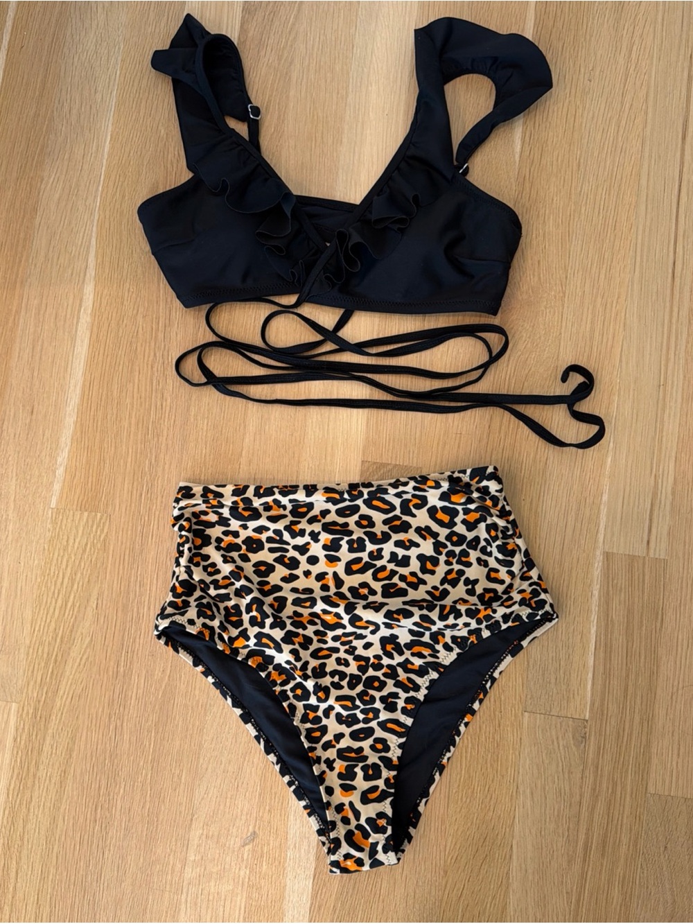 Cupshe Black Ruffle Bikini Top with Leopard High-Waist Bottom